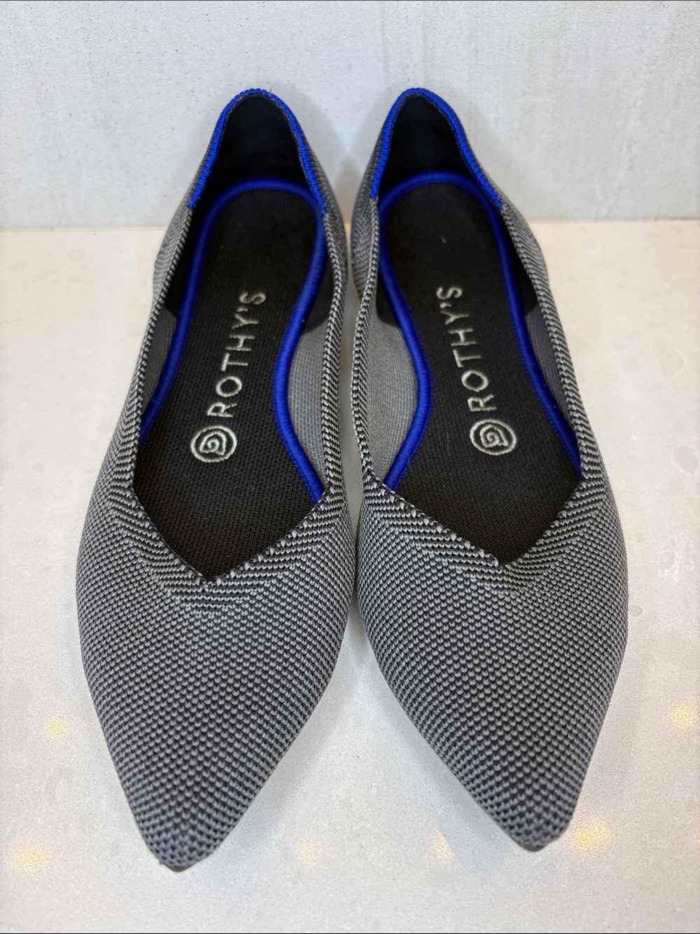 Rothy's Pointed Knit Flats - Gray with Blue Trim